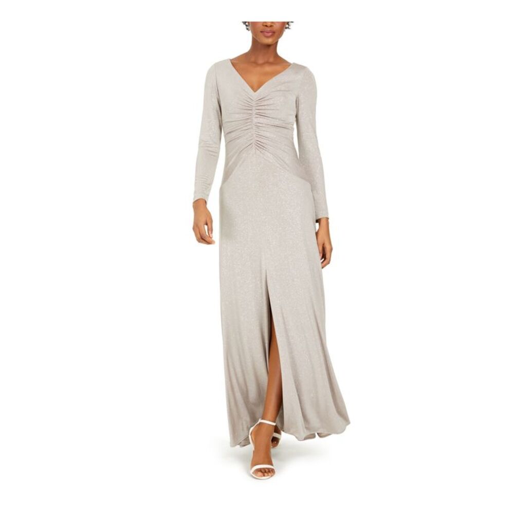 ELIZA J Womens Ruched Slitted Long Sleeve V Neck Full-Length Evening Dress